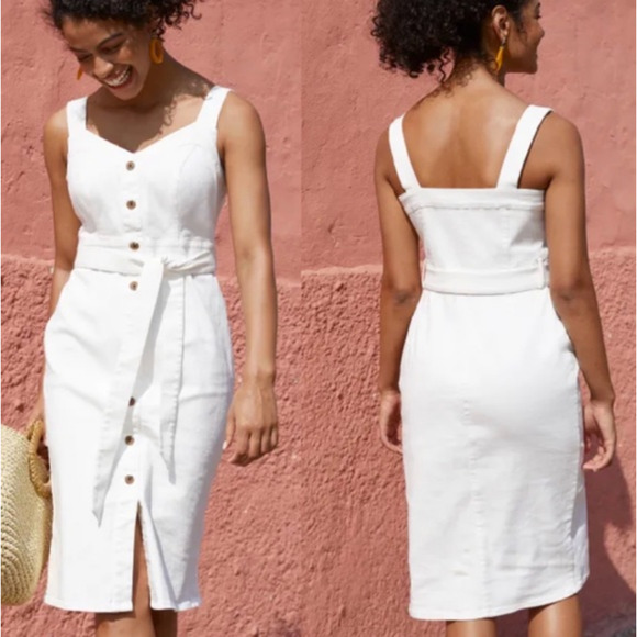 BRAVISSIMO Button Front Denim Dress Belted Knee-Length Stone Garden Party NWT - Picture 3 of 14